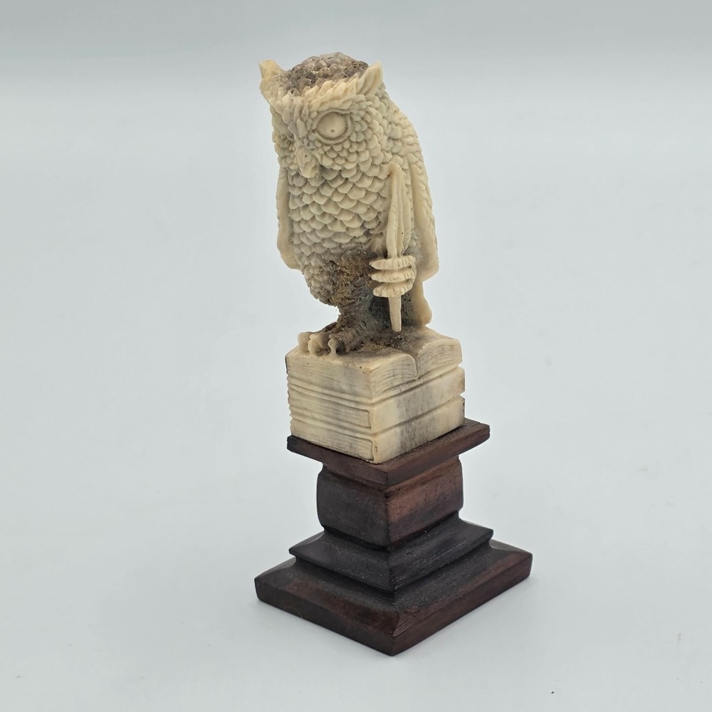 Owl on Books Wooden Pedestal Figurine Hand Carved Intricate Details Vintage